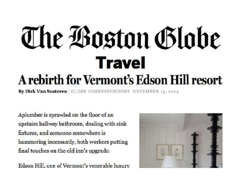 Boston Globe article screenshot. Text: Travel, A rebirth for Vermont's Edson Hill resort.