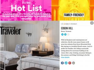 A Condé Nast Traveler feature highlights Edson Hill in Stowe, Vermont, as a family-friendly hotel on the hot list, with a photo of a cozy, modern bedroom and text describing amenities and seasonal activities.
