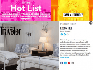 A colorful magazine spread showcases “The 2015 Hot List” for hotels, highlighting Edson Hill in Stowe, Vermont, with a bright header, a cozy photo of a room with two beds, and a brief review describing its family-friendly appeal.