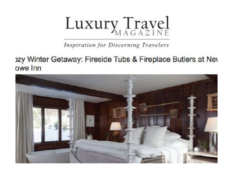 Luxury Travel Magazine screenshot. Text: Cozy Winter Getaway: Fireside Tubs & Fireplace Butlers at New Inn.