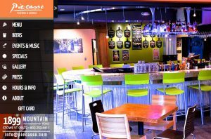 A vibrant bar area with lime green chairs and a shiny counter, featuring overhead liquor bottles and chalkboard menus. The left side highlights a hot list of specials alongside the restaurant menu and contact info for Piecasso Pizzeria & Lounge.