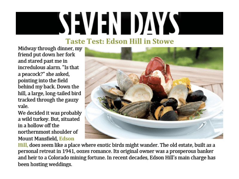 Save Days article screenshot. Text: Taste Test: Edson Hill in Stowe.