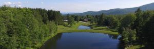 A peaceful pond surrounded by green trees and grass, with a few houses nearby and rolling hills in the background under a blue sky with scattered clouds—perfect for relaxing among the many things to do in Stowe VT.