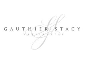 Logo with the text GAUTHIER-STACY INCORPORATED in thin, elegant letters, and a large, light gray script G S in the background, reflecting the refined style of Susan Stacy Design.