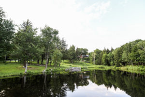 A peaceful pond reflects surrounding green trees and a partly cloudy sky; a small wooden dock sits at the water’s edge, perfect for a Vermont vacation, with a grassy lawn and forested area in the background.