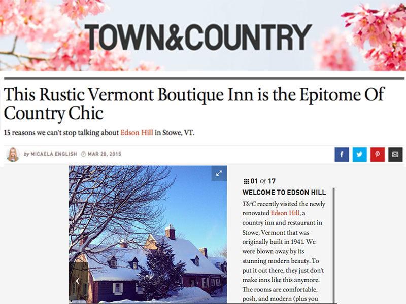 Town & Country article screenshot. Text: This Rustic Vermont Boutique Inn is the Epitome of Country Chic.