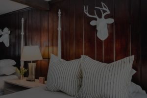 A cozy bedroom at Edson Hill features a dark wood-paneled wall, striped pillows on the bed, a white nightstand with a lamp, and elegant white animal head wall decor above the bed.