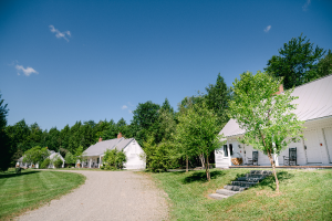A row of small white cottages with metal roofs lines a dirt path, offering Vermont luxury hotel accommodations amid green grass, trees, and shrubs under a bright blue sky.