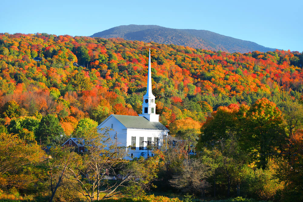 Photo of Vermont Fall Foliage Surrounding the Stowe Community Church.