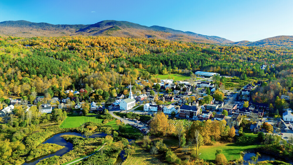 Aerial View of Stowe, Vermont, in Early Fall.