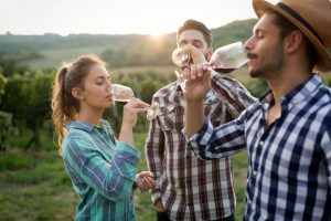 Three young adults standing in a vineyard, wearing plaid shirts, enjoying glasses of wine together outdoors at sunset—an experience reminiscent of the Best Wineries in Vermont.