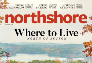 Cover of Northshore Magazine with the headline Where to Live North of Boston, featuring a scenic lake view with autumn foliage. Discover Vermont views and cozy charm at Edson Hill, plus apple picking, biking, and top autumn getaways.