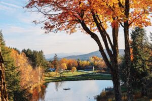 A serene autumn landscape with vibrant orange and yellow trees surrounding a small pond, a boat drifting on the water, and a farmhouse near fields and distant hills—evoking the charm of restaurants with local flavor under a blue sky.
