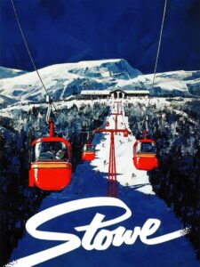 Vintage-style poster of bright red ski lifts ascending a snowy mountain at Stowe, with skiers below and a lodge in the distance. “Stowe” is boldly scripted at the bottom, celebrating the charm and Reservation Enhancements for your perfect getaway.