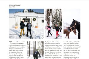 Three photos showcase Nordic Activities at Edson Hill in Stowe, Vermont: people snowshoeing near a snowy white cabin, two cross-country skiers on a snowy trail, and a person feeding a brown horse in a winter landscape.