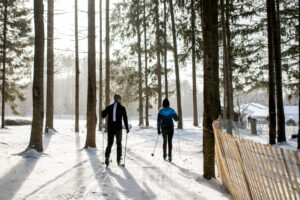 Two people are cross-country skiing through a snowy forest trail, gliding past tall trees and a wooden fence, each carrying small packages as sunlight filters through the branches.