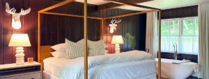 A cozy Edson Hill bedroom with dark wood-paneled walls, a large canopy bed with white bedding, two white lamps on nightstands, decorative deer head wall mounts, and a freestanding bathtub near tall windows with sheer curtains.
