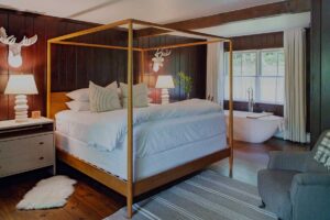 A cozy Edson Hill bedroom features a wooden canopy bed with white bedding, a nightstand with lamps, faux animal head wall decor, a gray armchair, striped rug, wood-paneled walls, and a freestanding bathtub near large windows.