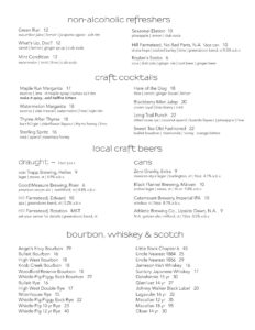 A restaurant menu featuring drinks with sections for non-alcoholic refreshers, craft cocktails, local craft beers (draught and cans), plus bourbon, whiskey & scotch—all listing drink names, ingredients, and prices.