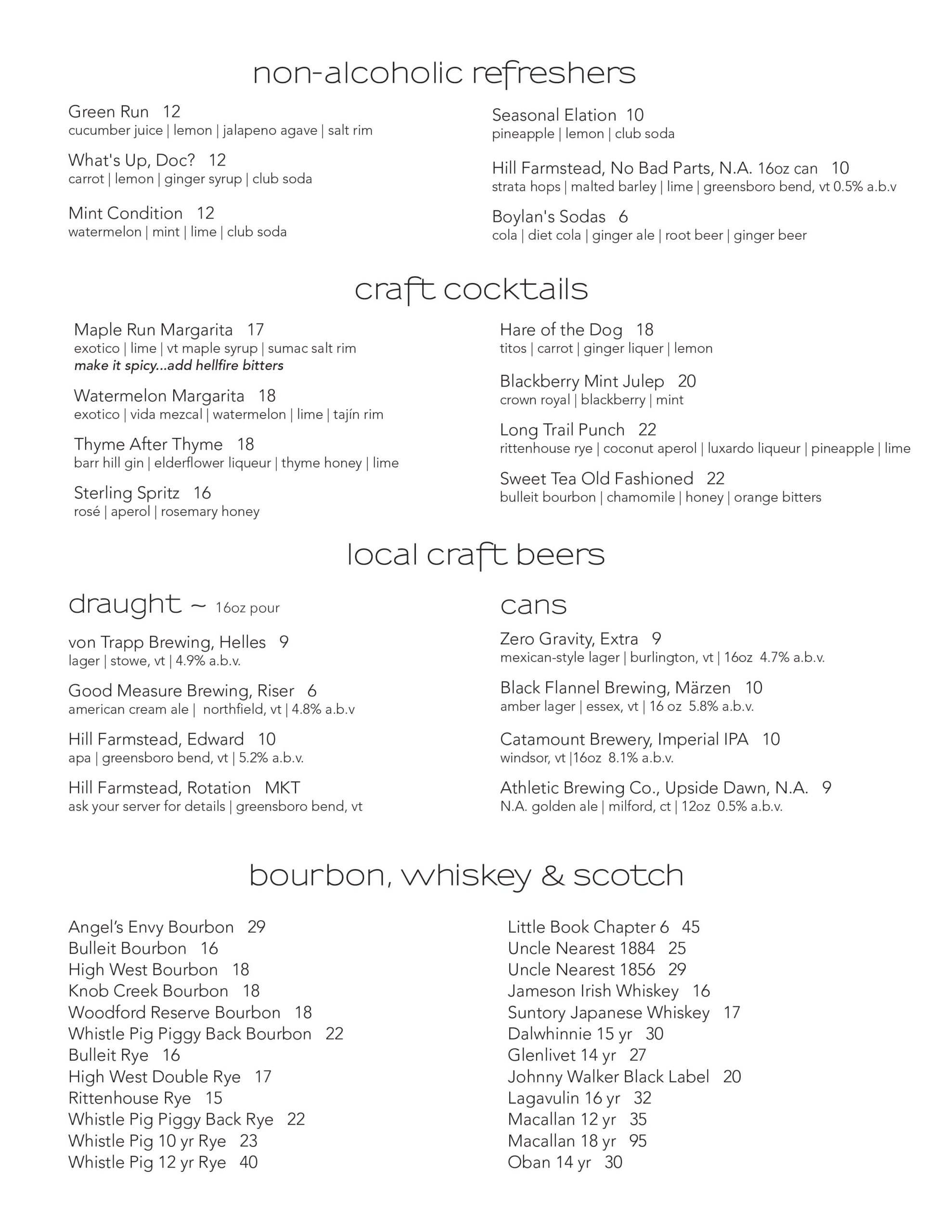 A restaurant menu featuring drinks with sections for non-alcoholic refreshers, craft cocktails, local craft beers (draught and cans), plus bourbon, whiskey & scotch—all listing drink names, ingredients, and prices.