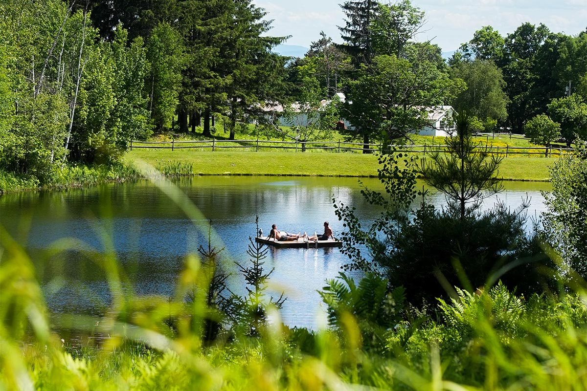edso-hill-pond A small group of people are paddling a canoe on a calm pond surrounded by lush green trees and grass under a partly cloudy sky.